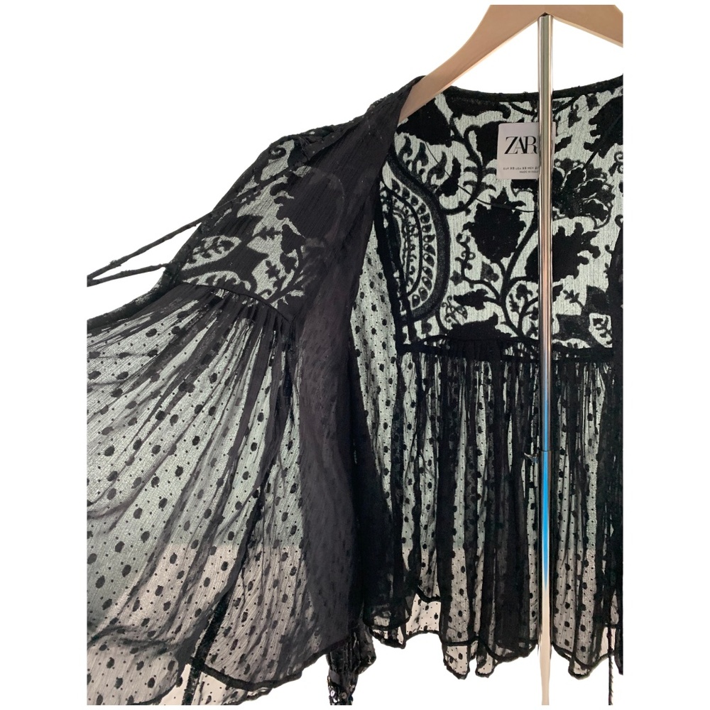 ZARA Black Sequin Plumetis Blouse Women XS Whimsigoth Boho Glam